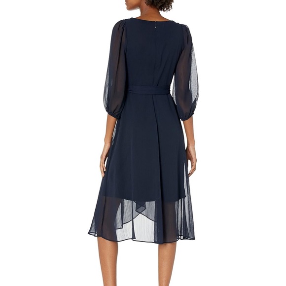 DKNY Chiffon Dress Puff Sleeve Navy Faux Wrap Belted Fit n Flare NWT Size 6 $139 - Picture 4 of 6
